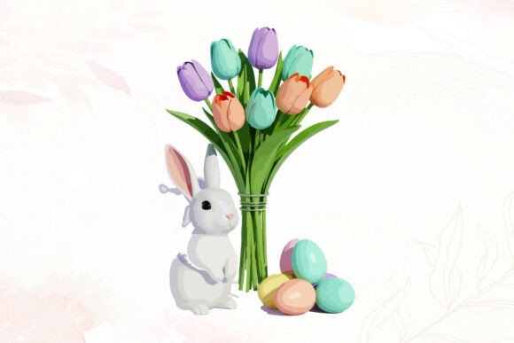 3D Easter Bunny with Tulips and Eggs: A Watercolor Design Asset