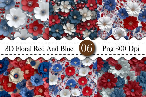 3D Floral Red and Blue Digital Paper for Creative Designs