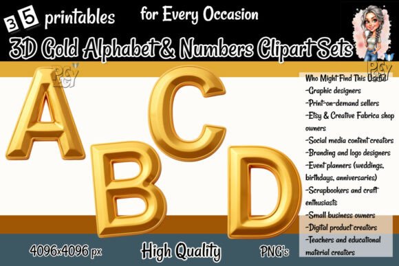 3D Gold Alphabet & Numbers Clipart Sets