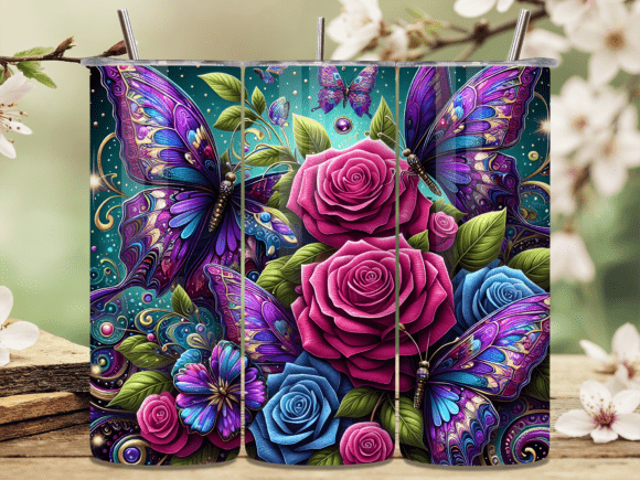 3D Purple Butterfly Pink Rose Tumbler: Vibrant Wrap Design