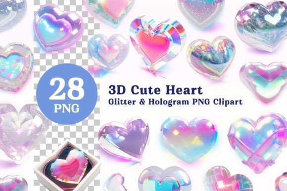 Cute 3D Glitter Hologram Heart Clipart for Sparkling Designs